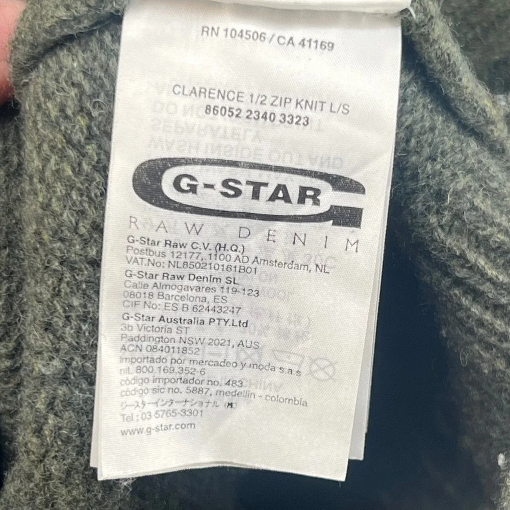 Y2K G Star Raw Men's Green Lambs Wool Blend Quarter Zip Sweater Size‎ XL